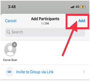 WhatsApp Add Participants screen on iPhone with an arrow pointing to Add