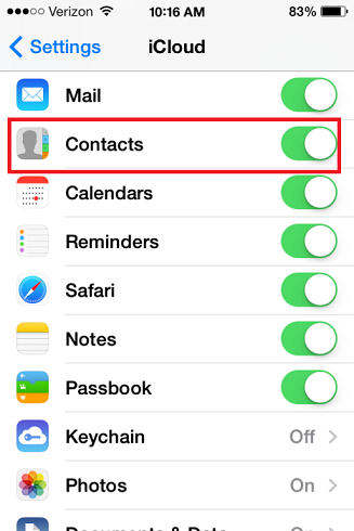 iPhone iCloud settings with the Contacts switch highlighted
