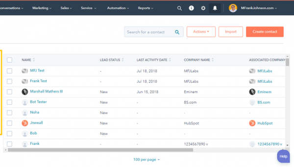 HubSpot Contacts list with the Create contact button in the top right
