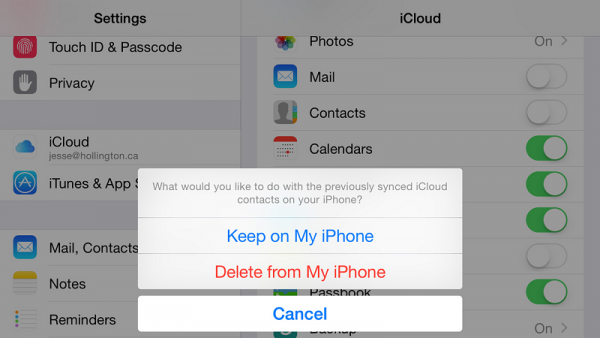 iPad iCloud settings asking what to do with synced contacts, with Delete from My iPhone