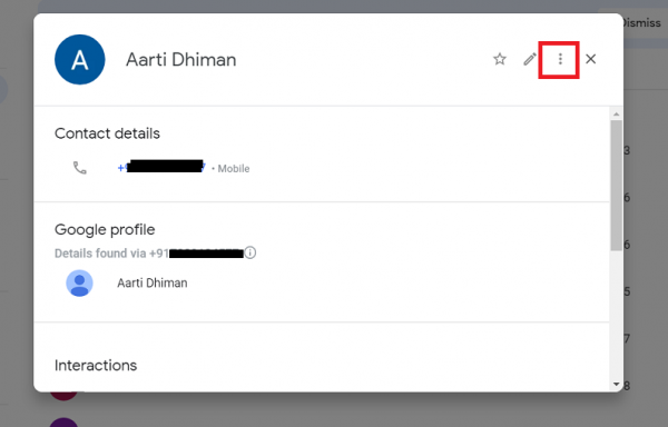 Google Contacts contact card with the three-dot menu highlighted