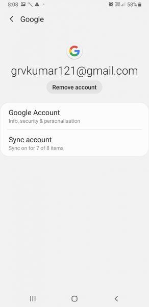 Android Google account screen with the Sync account option