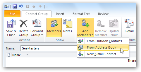 Outlook Contact Group ribbon with the Add Members menu open: From Outlook Contacts, From Address Book