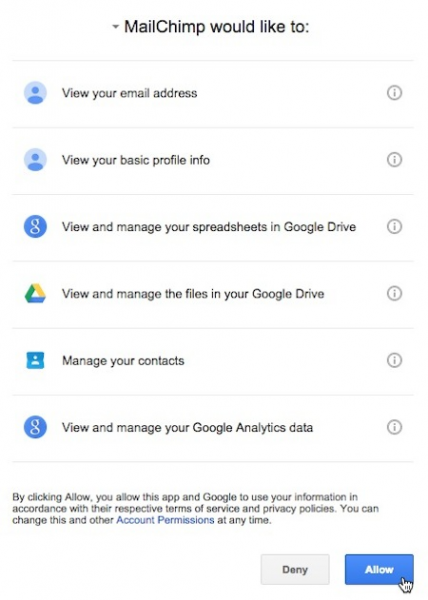 Google permissions screen for Mailchimp, including managing your contacts, with the Allow button