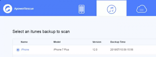ApowerRescue iTunes tab asking you to select an iTunes backup to scan