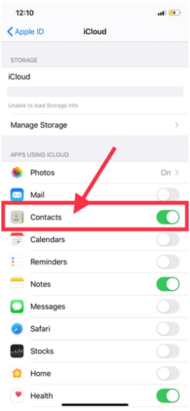 iPhone iCloud settings with an arrow pointing to the Contacts toggle, turned on