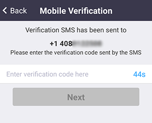 Zoom Mobile Verification screen asking for the code sent by SMS