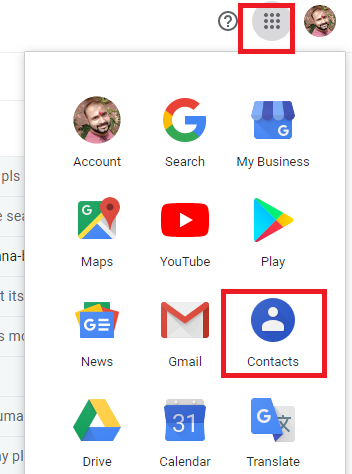 Google apps menu opened from the grid icon, with Contacts highlighted