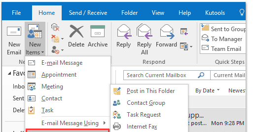 Outlook Home tab with the New Items menu open, listing Contact and Contact Group
