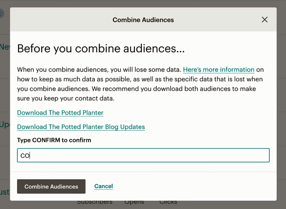Mailchimp Before you combine audiences warning with the CONFIRM box and Combine Audiences button