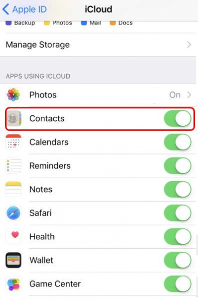 iPhone iCloud settings with the Contacts toggle turned on and highlighted