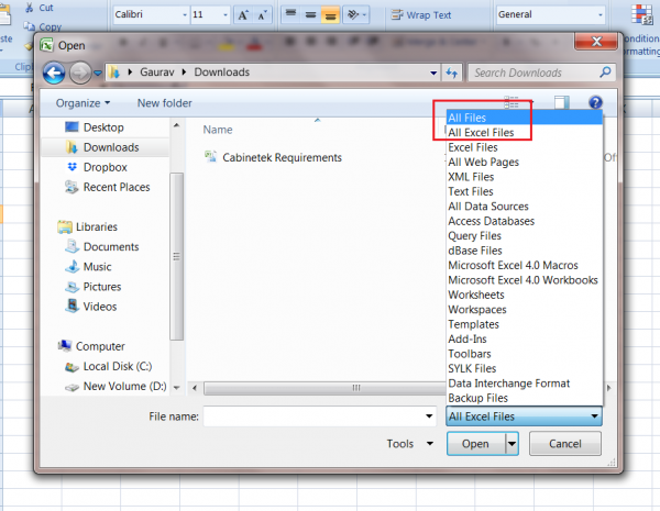 Excel Open dialog with the file type list open and All Files highlighted