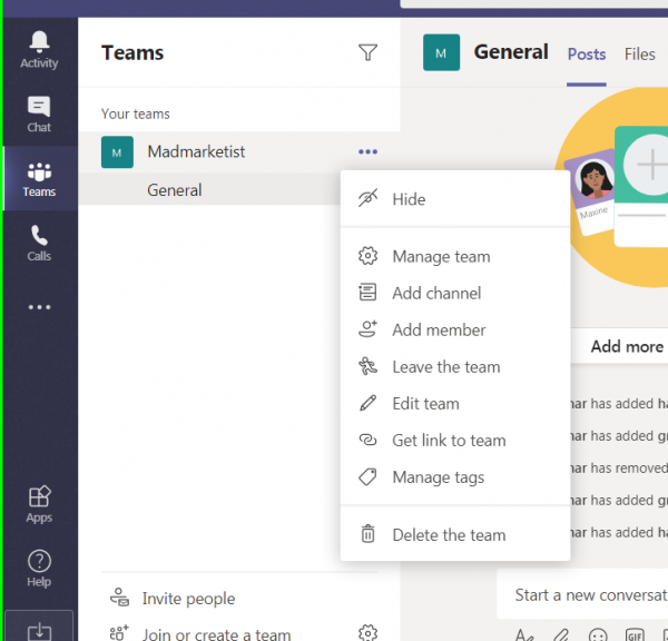 Microsoft Teams team menu with options such as Manage team, Add member and Edit team