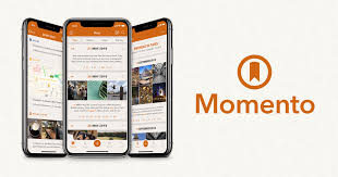 Momento journal app on three iPhones, next to the Momento logo