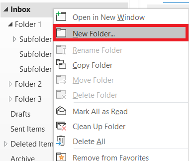 Outlook folder menu with New Folder highlighted