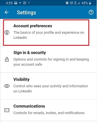LinkedIn app Settings with Account preferences highlighted