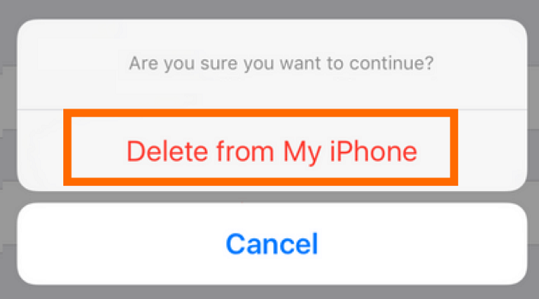 iPhone confirmation prompt with Delete from My iPhone highlighted