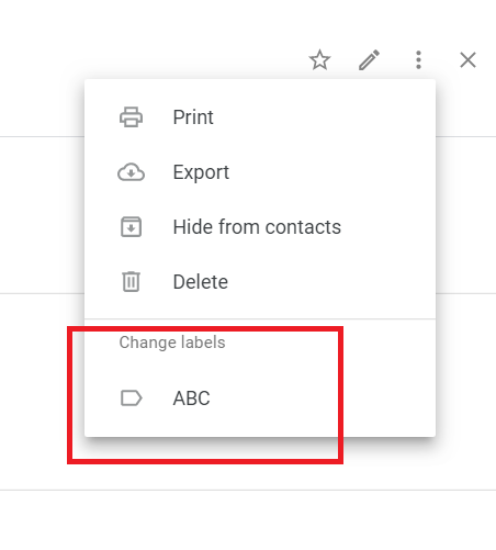 Google Contacts contact menu with the label to add under Change labels highlighted