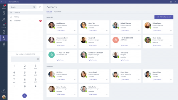 Microsoft Teams Calls view with the Contacts list and a dial pad