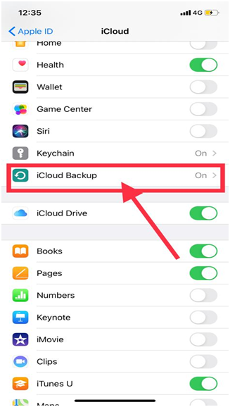iPhone iCloud settings with an arrow pointing to iCloud Backup