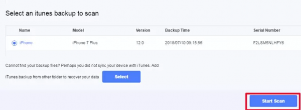 ApowerRescue iTunes backup selected, with the Start Scan button highlighted