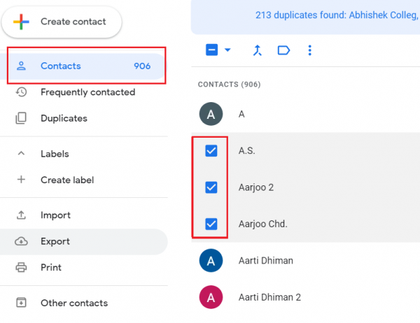 Google Contacts list with three contacts ticked