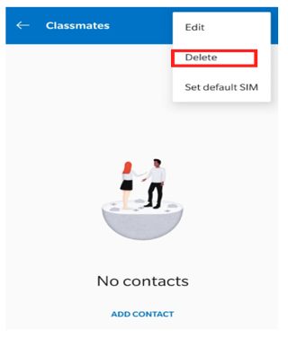 Android contact group menu with Delete highlighted