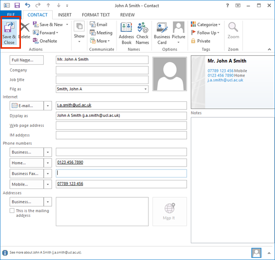 Outlook new contact form filled in, with the Save & Close button highlighted