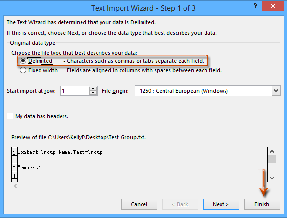 Excel Text Import Wizard with Delimited selected and an arrow pointing to Finish