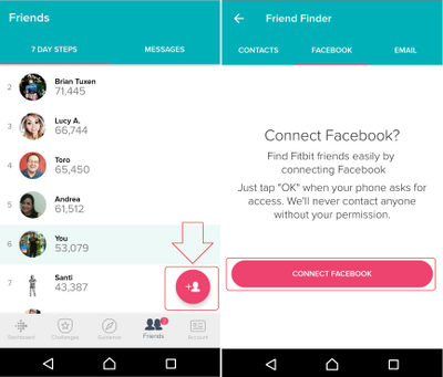Fitbit app Friends tab with the add friend button, then the Friend Finder screen