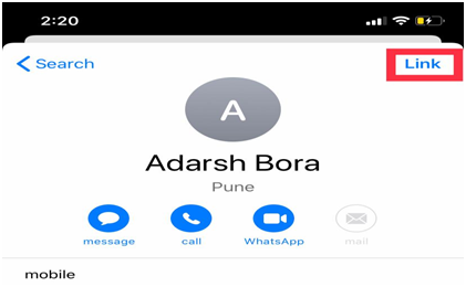 iPhone contact chosen to merge with the Link button highlighted