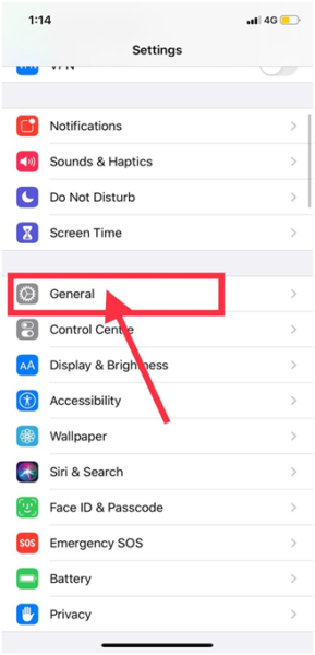 iPhone Settings with an arrow pointing to General