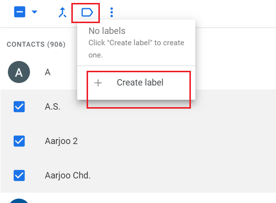 Google Contacts label menu for the selected contacts, with Create label highlighted