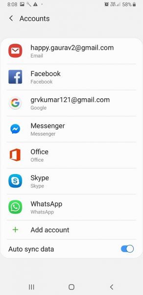 Android Accounts list including the Google account, with Auto sync data on