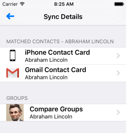 ContactsSync for Gmail Sync Details screen matching an iPhone contact card with its Gmail contact card
