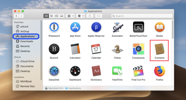 Mac Finder Applications folder with the Contacts app highlighted