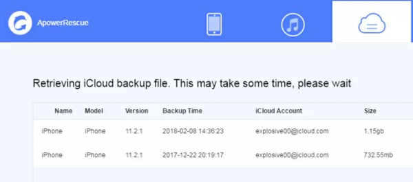ApowerRescue iCloud tab retrieving the iCloud backup files