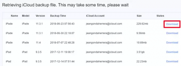 ApowerRescue list of iCloud backups with a Download link highlighted