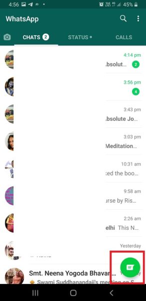 WhatsApp chats screen on Android with the New Chat button highlighted