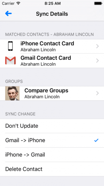 ContactsSync for Gmail Sync Change options with Gmail to iPhone selected