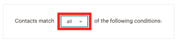 Mailchimp Contacts match drop-down set to all, highlighted