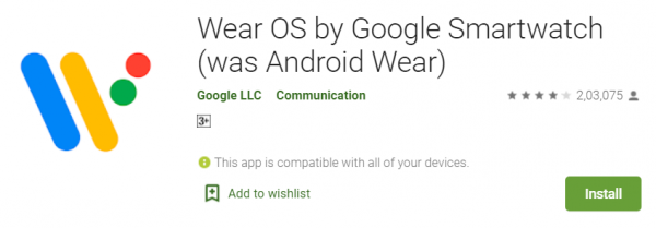 Wear OS by Google Smartwatch app page in Google Play with the Install button