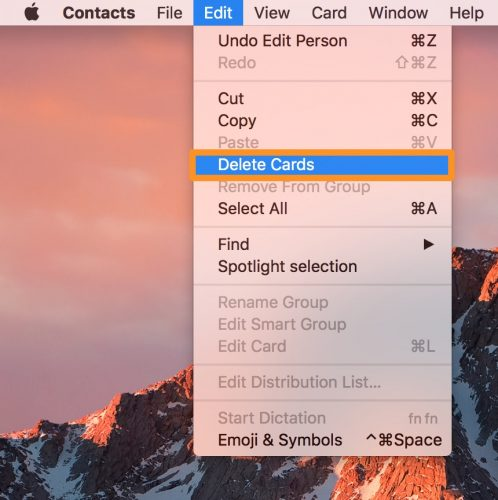 Mac Contacts Edit menu with Delete Cards highlighted