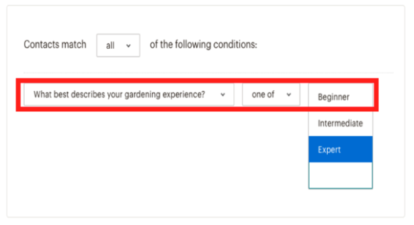 Mailchimp segment condition on a signup form group, set to one of, with a group selected from the list