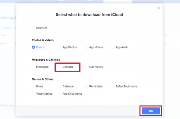 ApowerRescue Select what to download from iCloud, with Contacts and the OK button highlighted