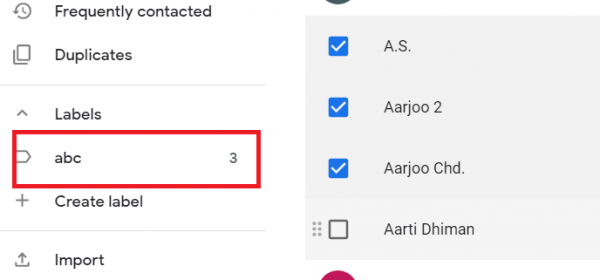 Google Contacts sidebar listing the new label under Labels, with three contacts