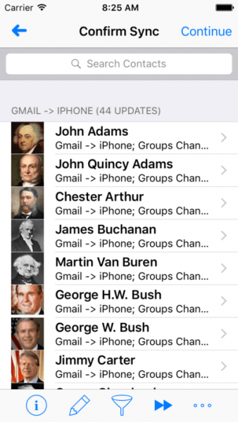 ContactsSync for Gmail Confirm Sync screen listing the Gmail to iPhone updates, with Continue