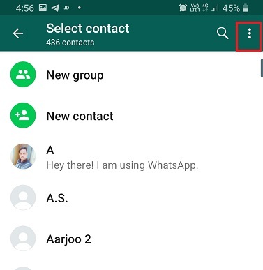 WhatsApp Select contact screen on Android with the three-dot menu highlighted
