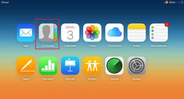 iCloud.com home screen on a PC with Contacts highlighted