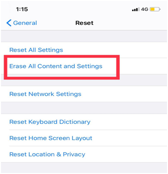 iPhone Reset settings with Erase All Content and Settings highlighted